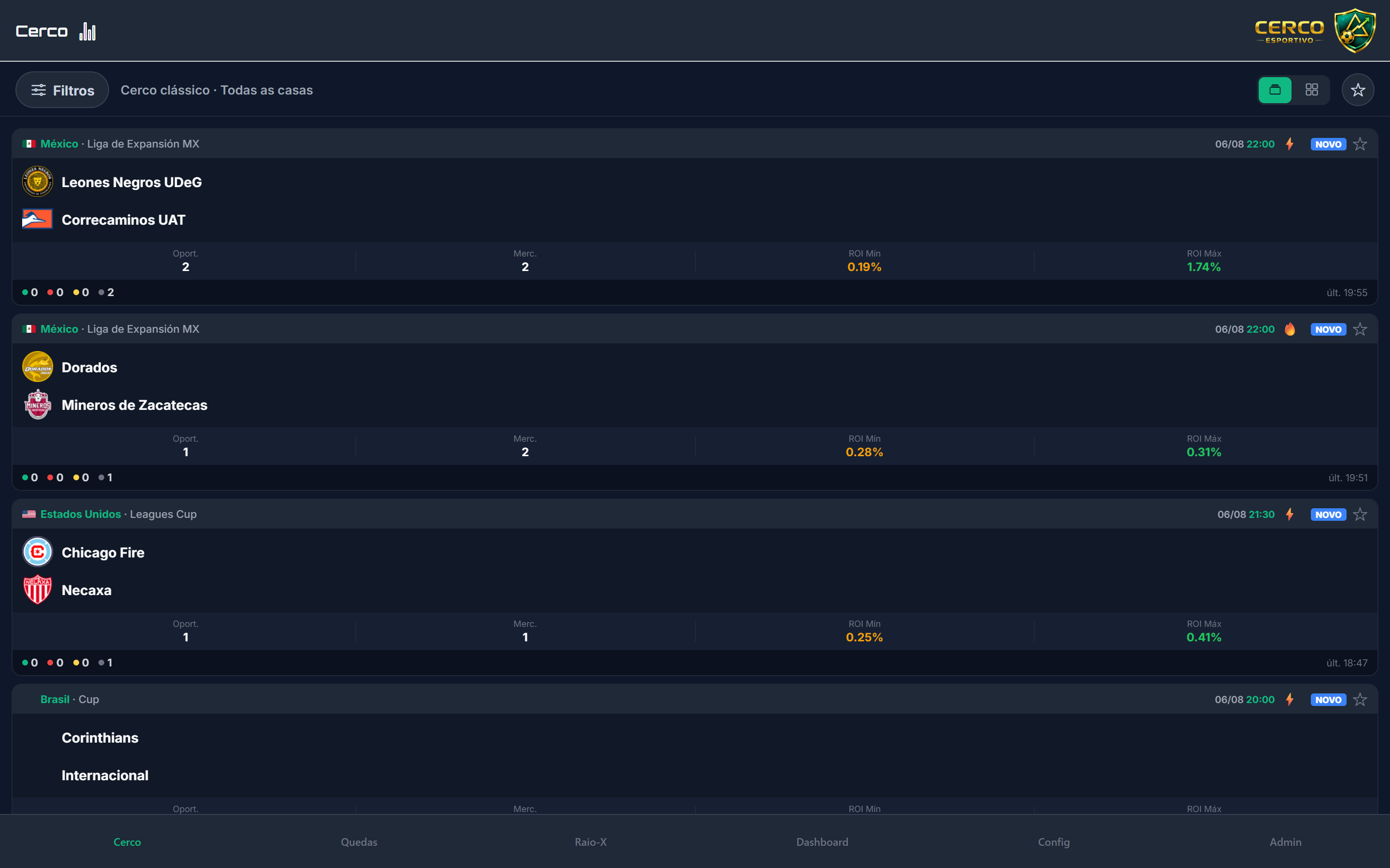 Feed do Cerco em cards no desktop, com as pernas casadas e a stake calculada
