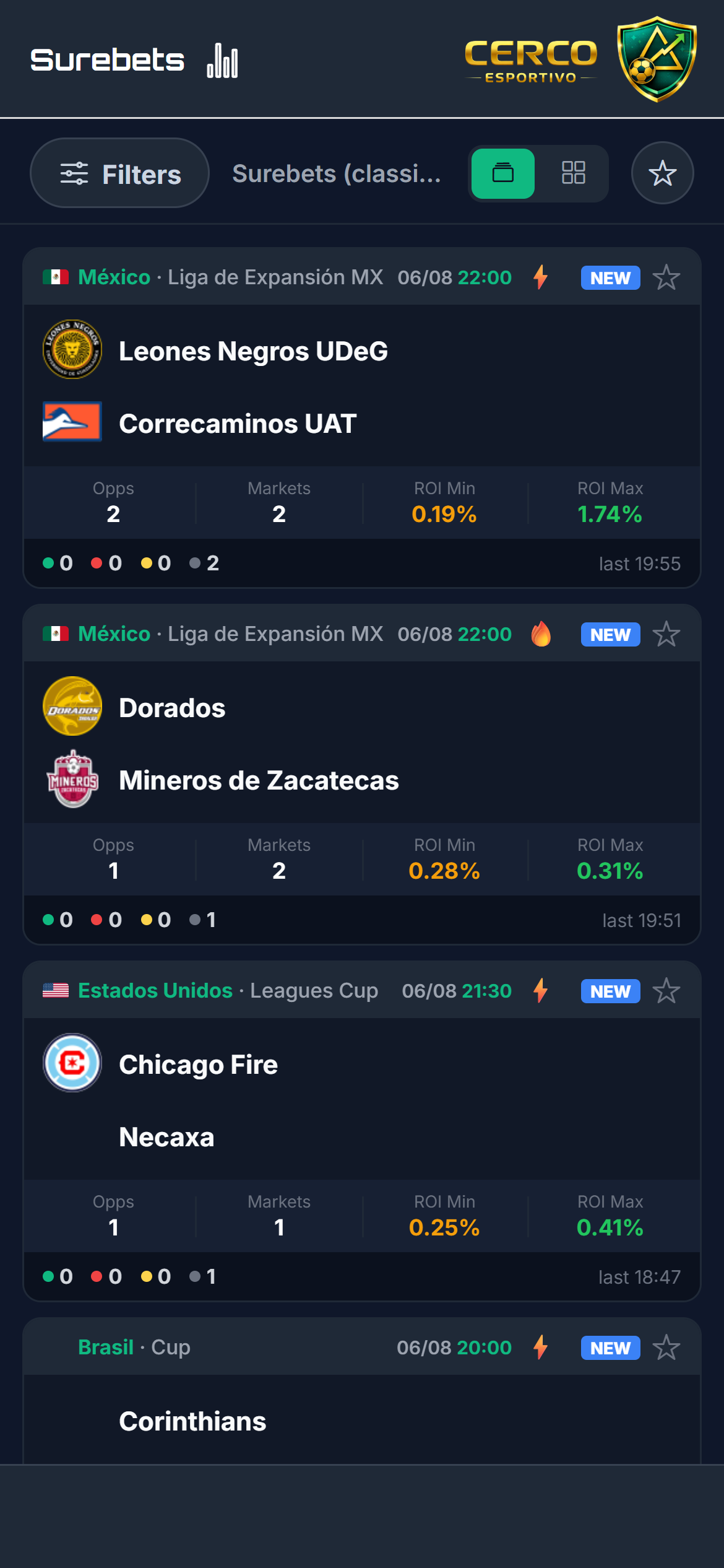 Surebets card feed on mobile, one opportunity at a time